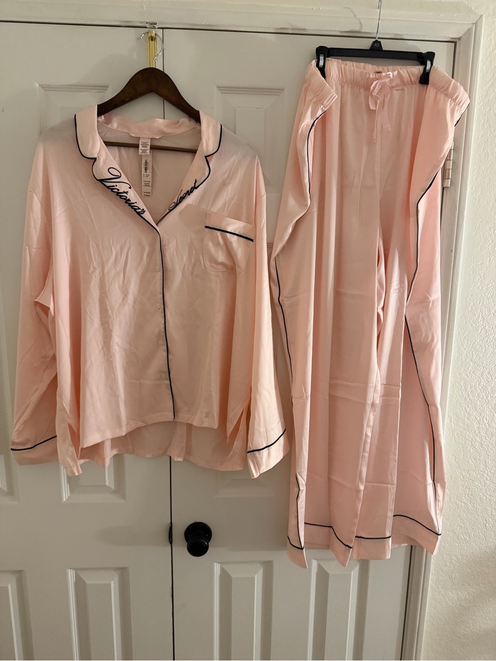 Victoria's Secret Light Pink Satin-Feel Pajama Set with Black Piping